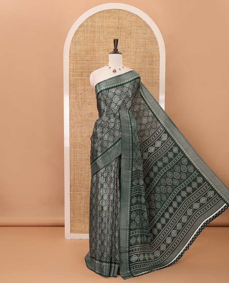 Green Ajrakh-printed turkey crepe saree, printed border, Ajrakh-printed pallu & small buttas printed blouse