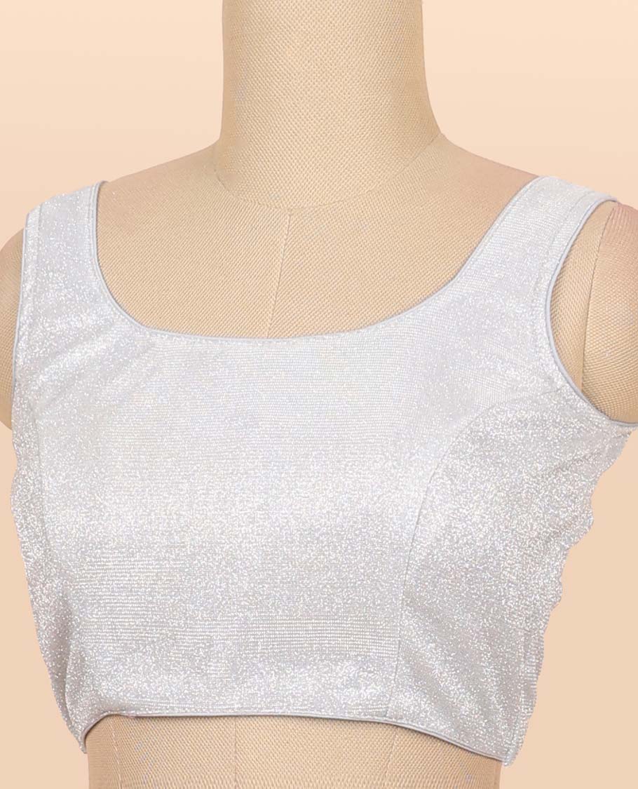 Grey striped zari design  front & back deep round-neck raw-silk readymade sleeveless blouse