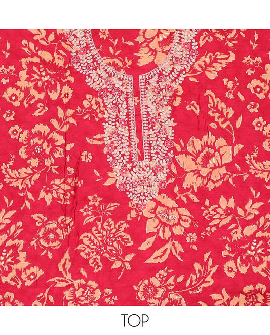 Red floral printed chudidhar material set floral thread embroidered top, plain bottom & sequins embroidered dupatta