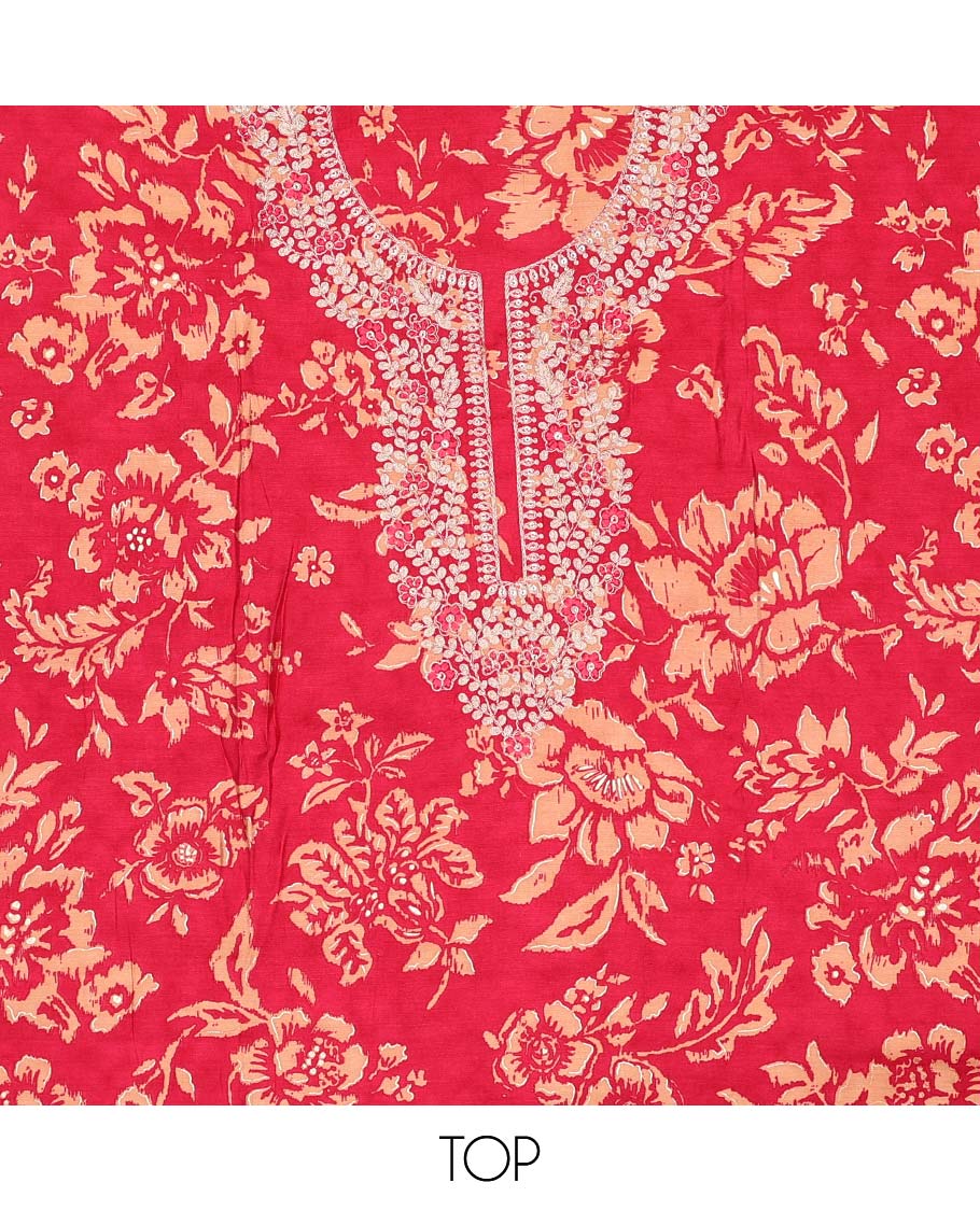 Red floral printed chudidhar material set floral thread embroidered top, plain bottom & sequins embroidered dupatta