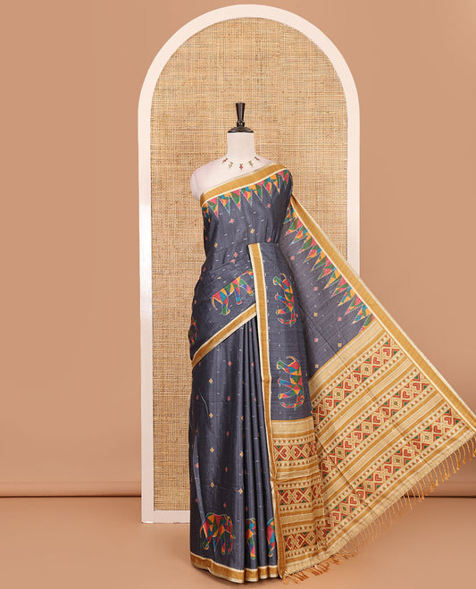 Grey buttas & kaleidoscope color elephant motifs printed katan silk saree, contrast multi-hue temple motif border, ikkat geometric print pallu & contrast printed blouse