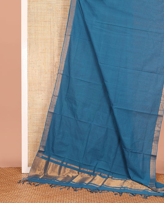 Blue Plain Mangalagiri Cotton Saree, Highlighted by Traditional Zari Design Border, Gleaming Zari Pallu, and Paired with a Matching Blouse