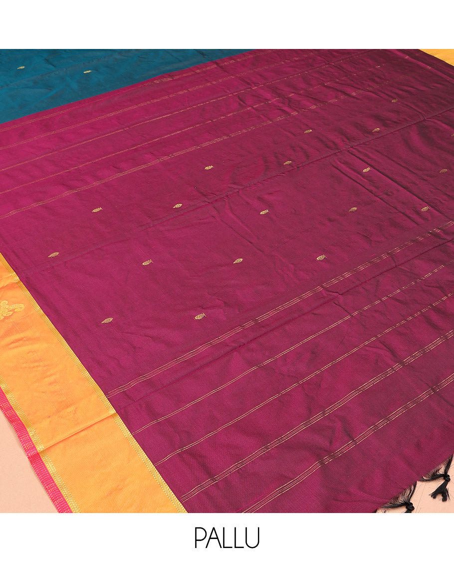 Blue Zari Buttas Ten Yard Saree, Complemented by a Contrast Border, Self-Pallu of Buttas and Stripes, and No Blouse