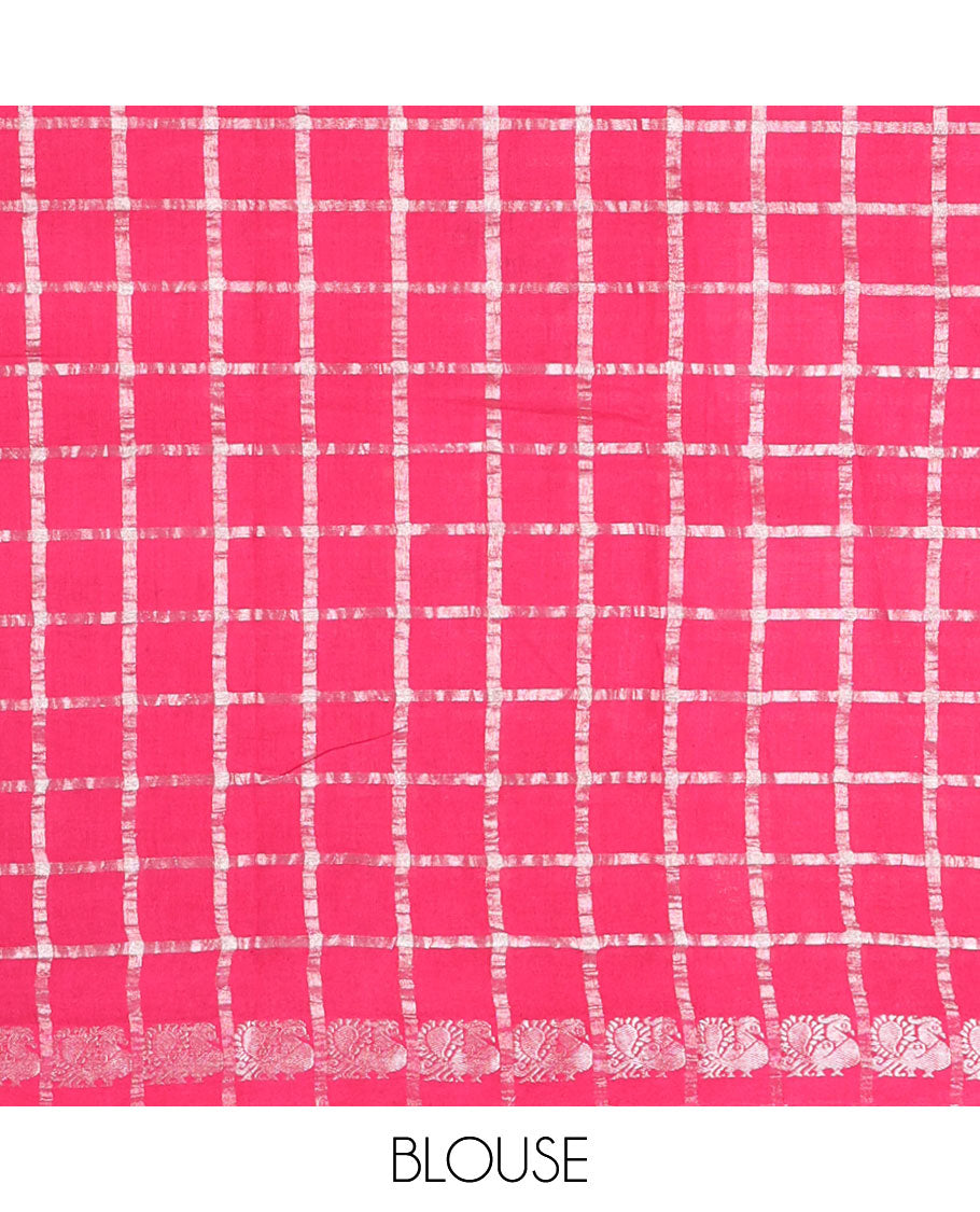 Maroon zari checked sungudi cotton saree, contrast pink border of zari peacock motifs & checked peacock motif pink blouse
