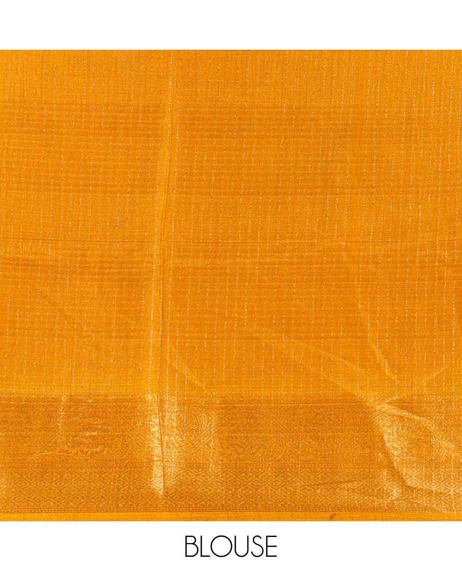 Green zari striped & uniquely printed soft tusser saree,contrast traditional zari border,kalamkari floral print pallu & zari design blouse