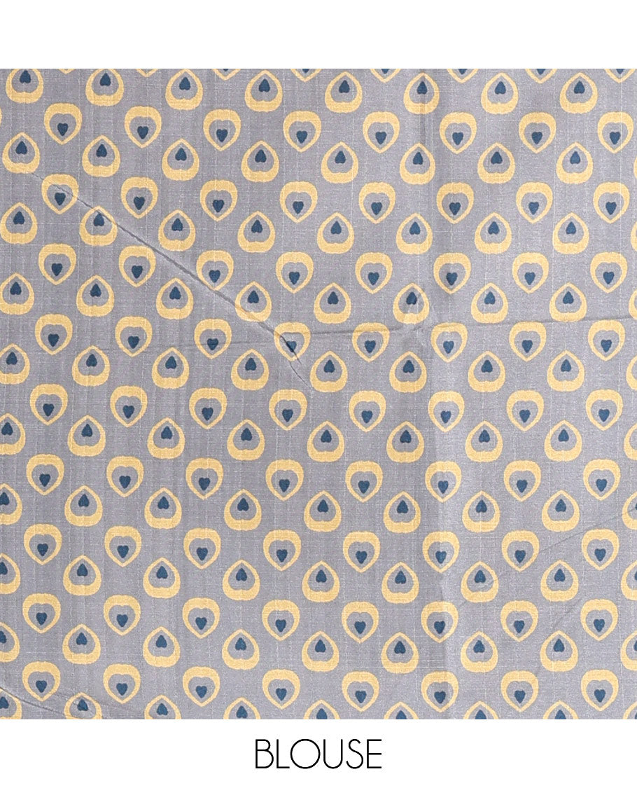 Grey peacock feathers motifs printed katan silk saree, peacock feathers printed border, contrast Radha Krishna stories printed pallu, and contrast printed blouse