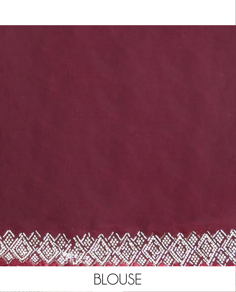 Maroon Designer Saree, Embellished with Stone Struck on Its Body, Highlighted by a Stone Embroidered Border, Self-Pallu, and Paired with a Matching Blouse