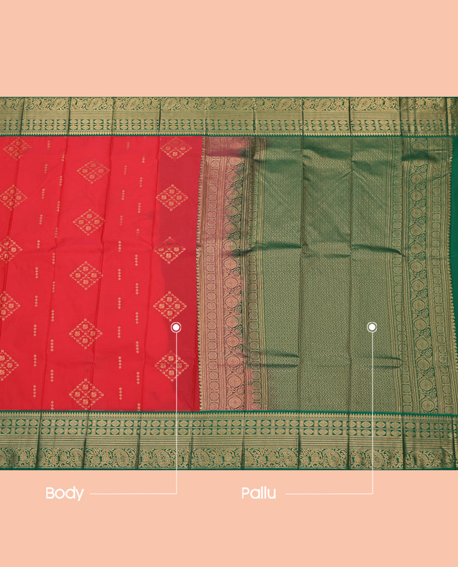 Red Budget Silk Saree, Enlivened with Zari Buttas All Over Its Body, Complemented by a Contrast Traditional Zari Design Border, Grand Jaal Pallu, and Paired with a Contrast Blouse