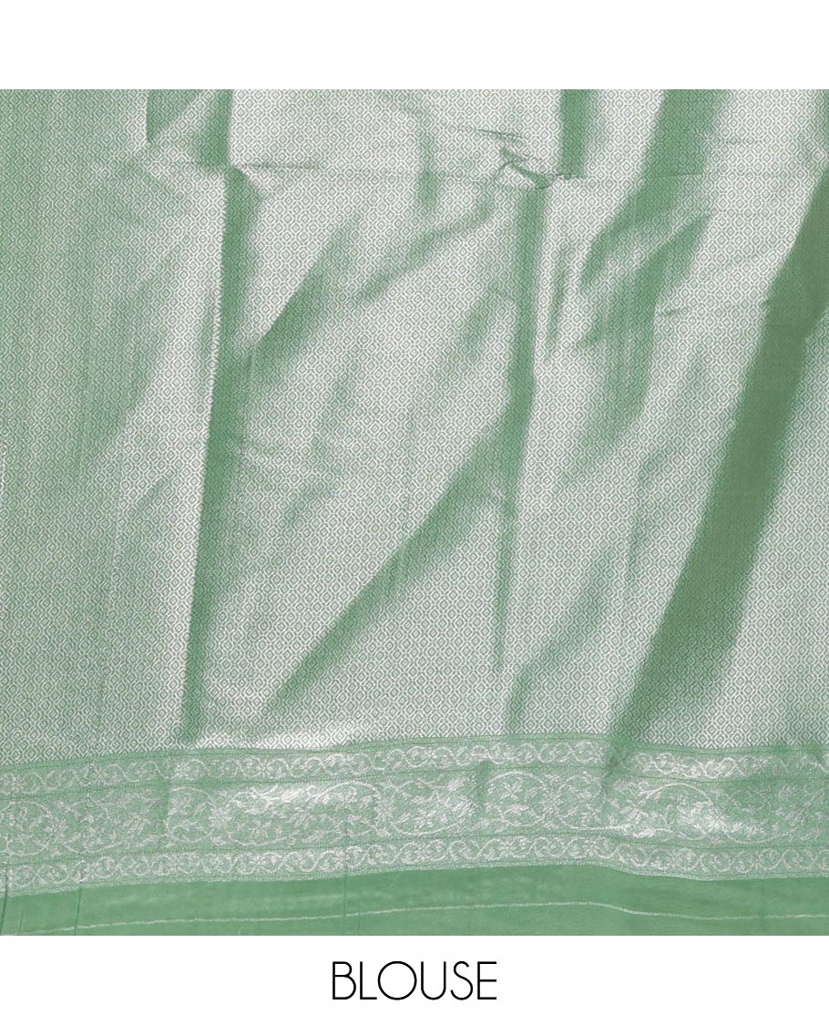 Green lotus zari jacquard softy saree, floral vine zari border, zari woven floral design pallu & matching zari jacquard blouse