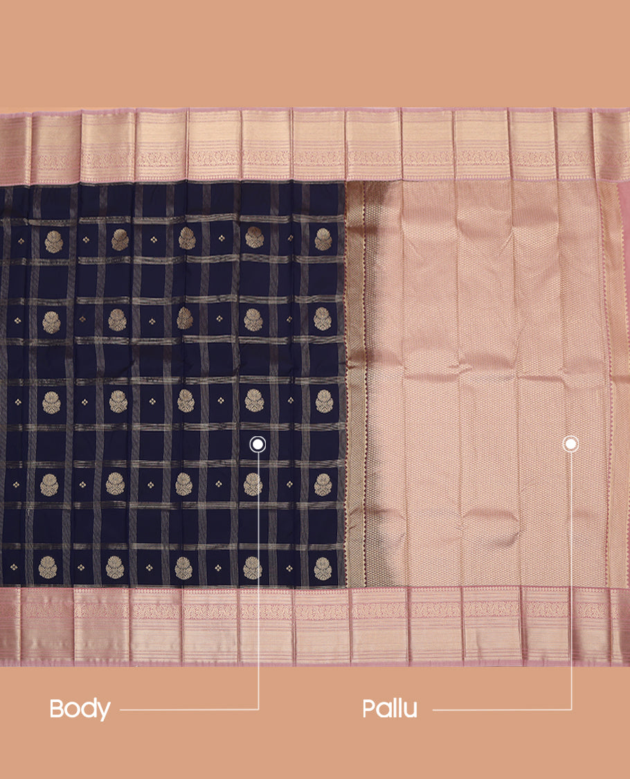 Blue Budget Silk Saree, Detailed with Zari Butta Enclosed Checks, a Contrast Traditional Zari Border, Grand Pallu, and a Contrast Blouse