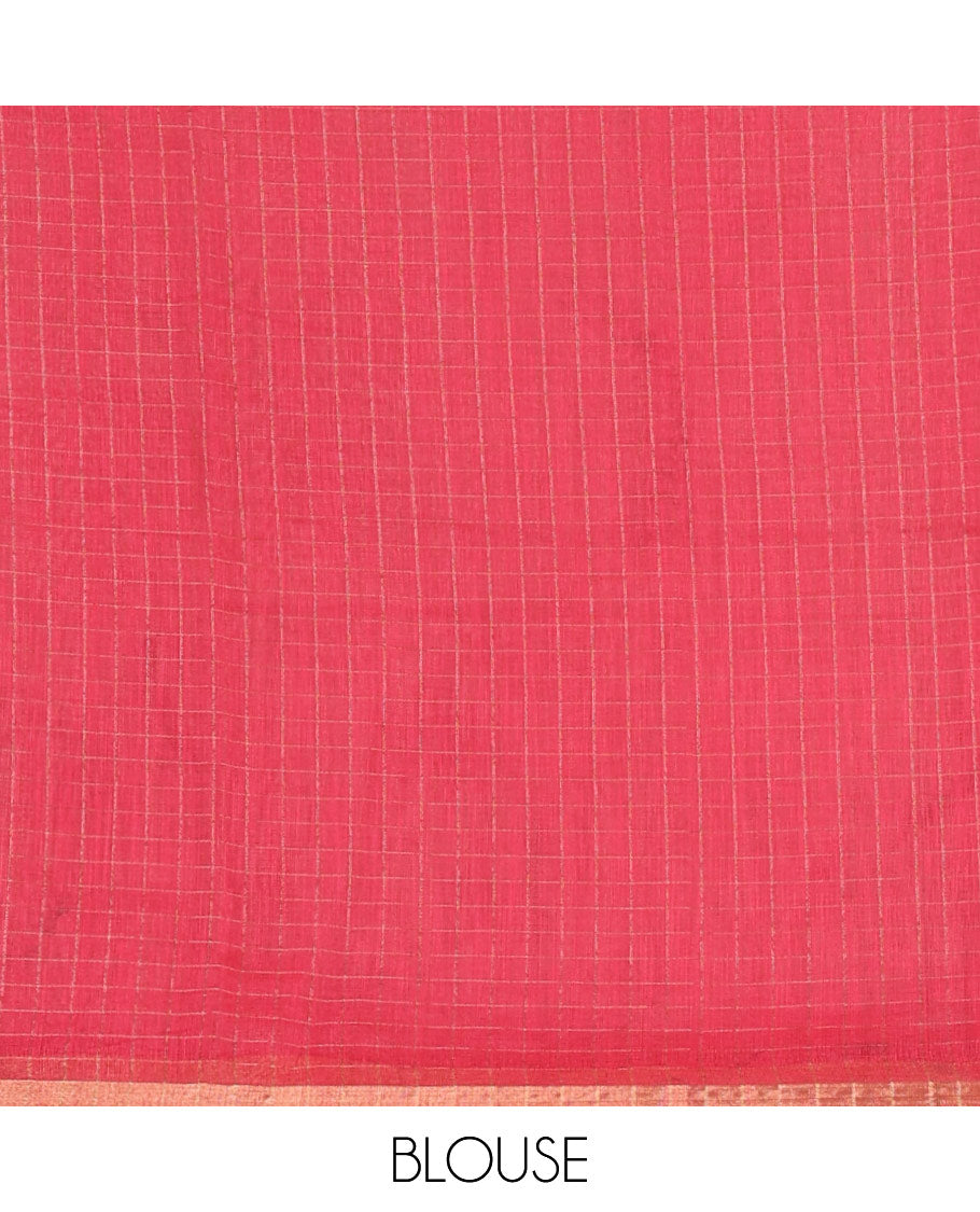 White with pink zari checks linen saree with contrast border and unique designs of pallu along with contrast plain blouse
