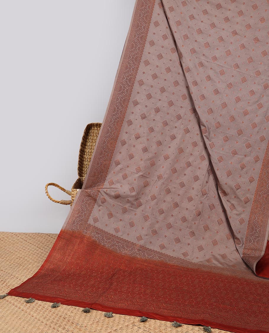 Grey motifs semi- banaras tussar saree with self floral design border & intricate zari design pallu