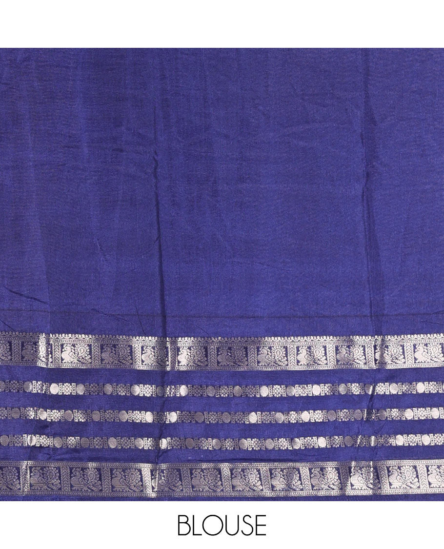 Navy blue leaf motifs printed dola silk saree, contrast traditional zari border of Rudraksham and peacock motifs, geometric printed pallu and contrast printed blouse