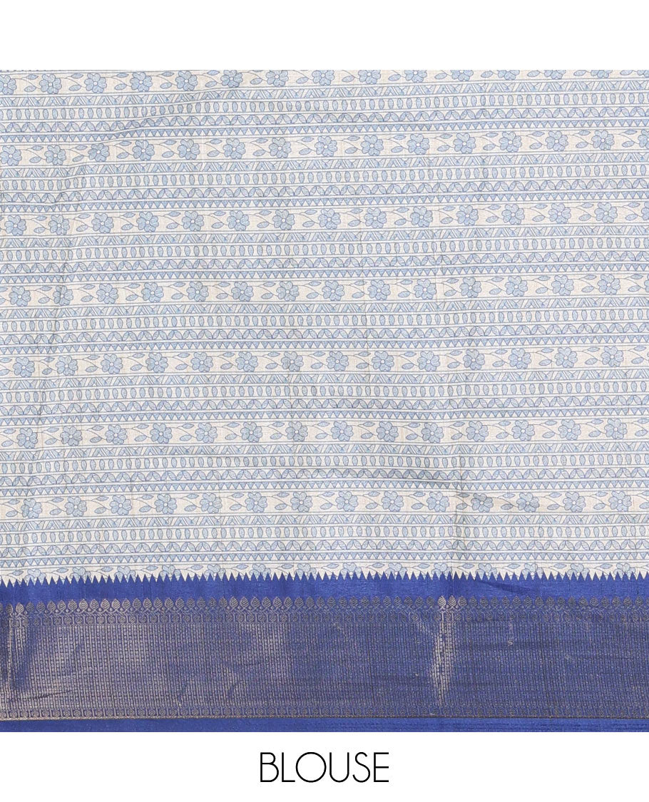 Cream-blue flora, fauna, and geometric madhubani printed soft tussar saree, contrast zari border, peacock print pallu, and printed blouse