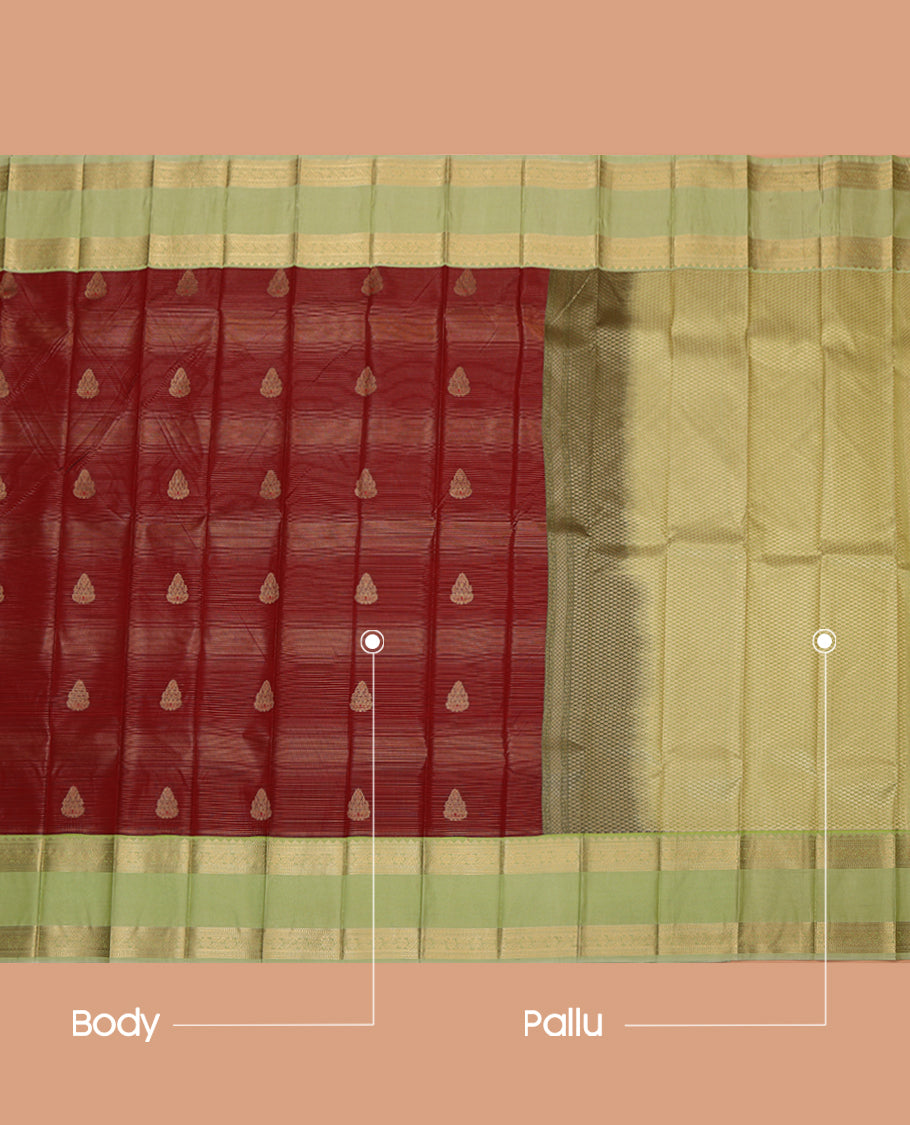 Maroon Budget Silk Saree, Crafted with Zari Buttas and Stripes, Complemented by a Contrast Traditional Rettai Pettu Zari Border, Grand Jaal Pallu, and Contrast Blouse