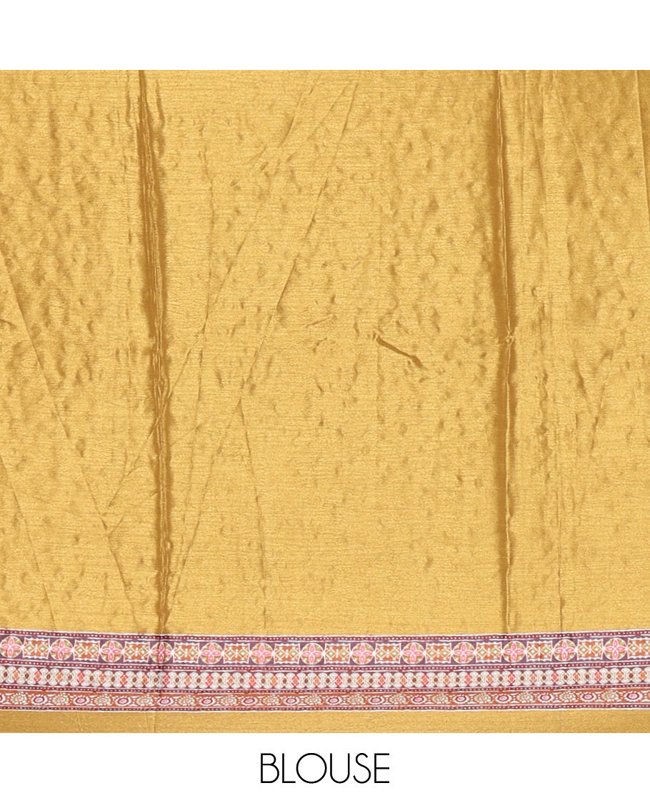 Mustard geometric patterns kaleidoscope-colored printed & mirror embroidered half-&-half masakali saree, printed border & pallu of  embroidery work & plain blouse