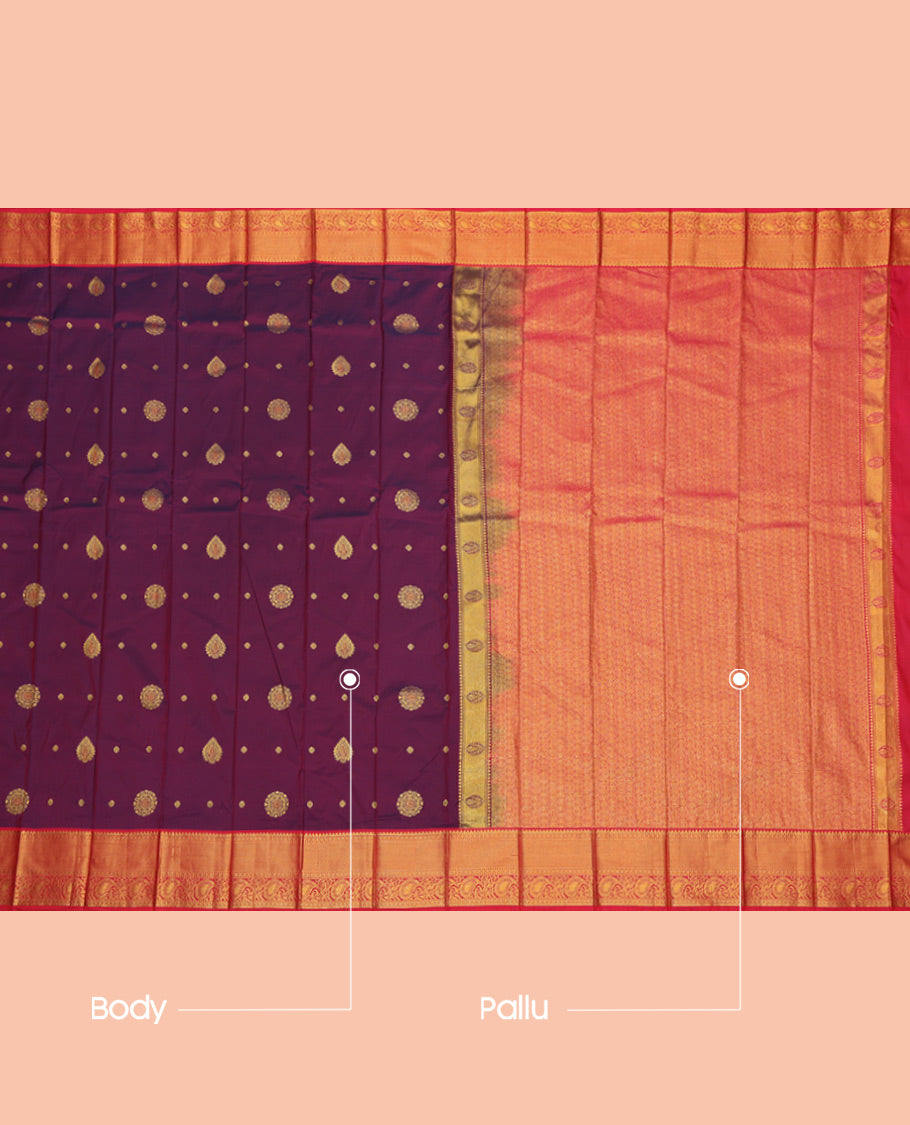 Purple Budget Silk Saree, Elevated with Zari Buttas, a Contrast Traditional Zari Border, Grand Pallu, and a Contrast Blouse