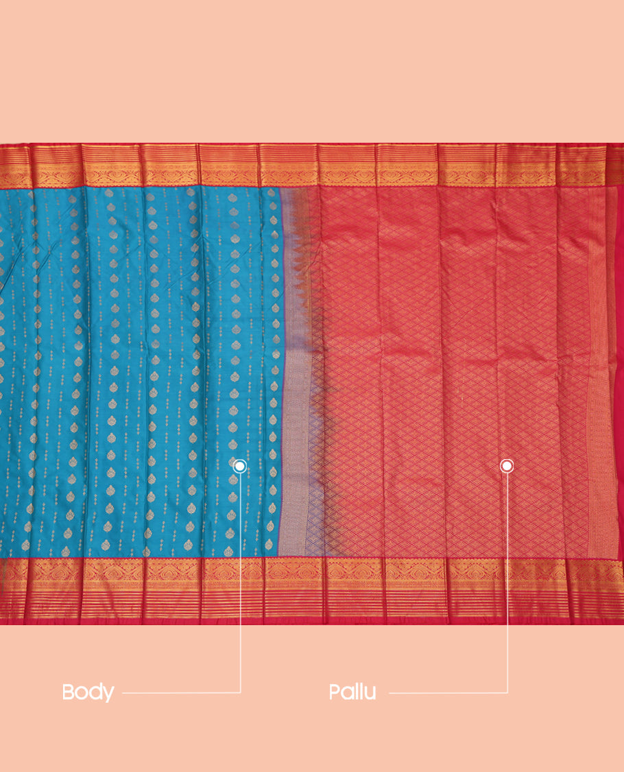 Blue Budget Silk Saree, Prettified with Zari Buttas, a Contrast Traditional Zari Border, Jaal Pallu, and a Contrast Blouse