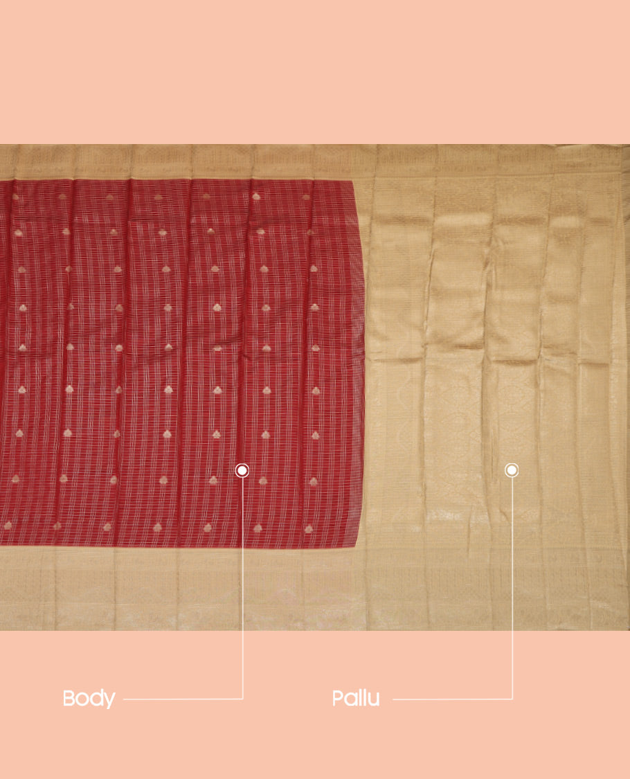 Maroon Litchi Saree, Woven with Zari Buttas and Checks, a Contrast Traditional Zari Border, a Grand Pallu, and a Contrast Blouse