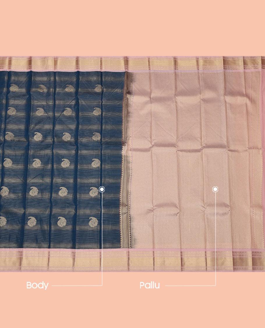 Blue Budget Silk Saree, Richly Detailed with Zari Buttas and Zari Stripes on Its Body, Complemented by a Contrast Traditional Zari Design Border, Grand Jaal Pallu, and Paired with a Contrast Blouse