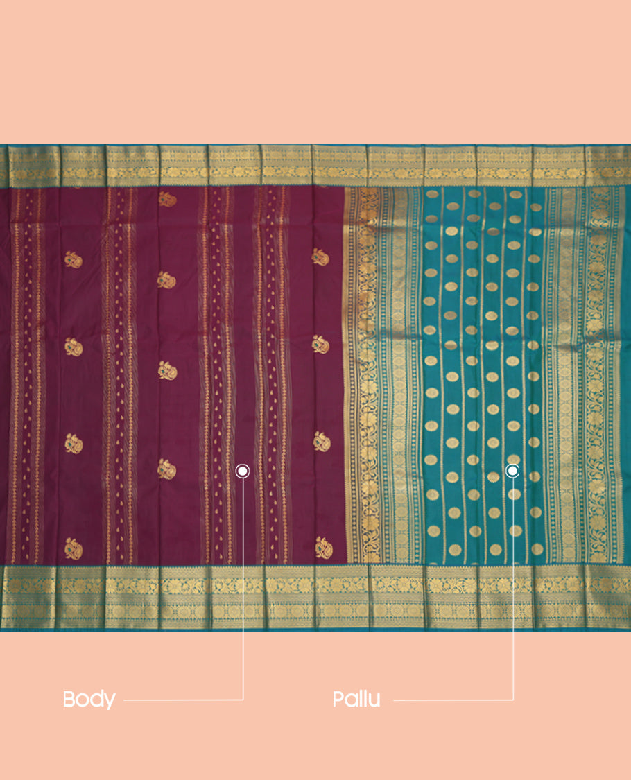 Wine Budget Silk Saree, Ornamented with Zari Buttas, Complemented by Contrast Traditional Zari Border, a Grand Pallu and a Contrast Blouse