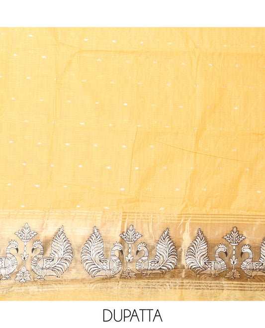 Yellow Chanderi Material Chudidar, Zari Buttas and Annam Buttas Top, Matching Bottom, Annam Buttas Dupatta