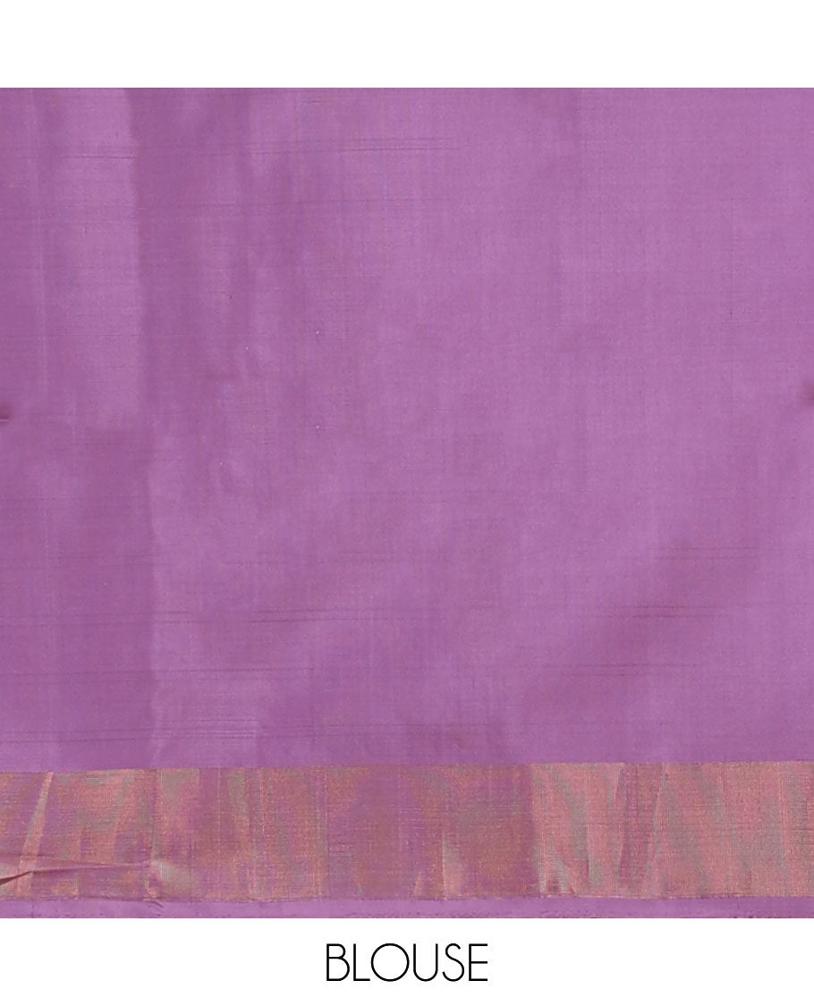 Cream-checked soft silk saree, floral ikkat design border & contrast floral design pallu