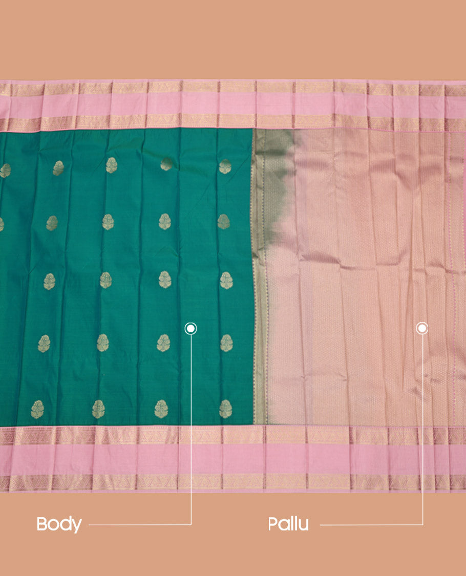 Green Budget Silk Saree,  Detailed with Zari Buttas on Its Body, Complemented by a Contrast Traditional Zari Design Rettai Pettu Border, Pallu of Jaal Designs, and Paired with a Contrast Blouse