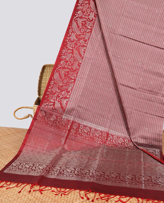 Red floral buttas soft silk saree with contrast floral border & floral jaal zari design pallu