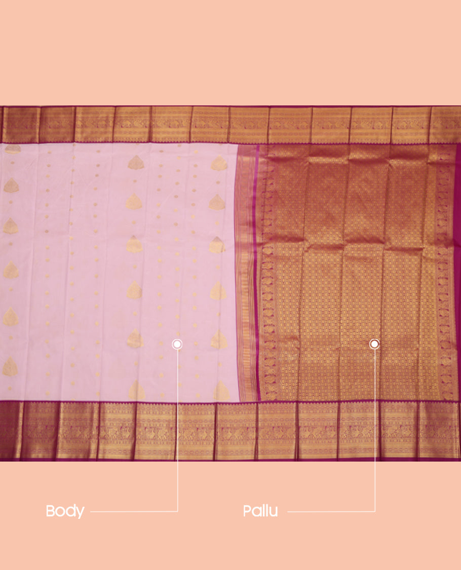 Pink Budget Silk Saree, Woven with Floral Buttas, a Contrast Traditional Elephant-Peacock Zari Border, an Intricate Geomentric Pallu and a Contrast Blouse
