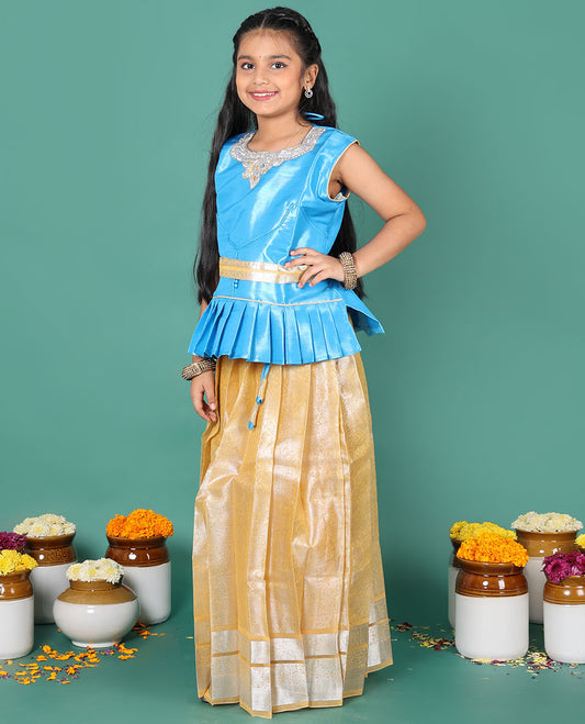 Yellow readymade art silk pavadai, jacquard skirt, & jacquard embroidered round neck sleeveless blouse with contrast zari work belt