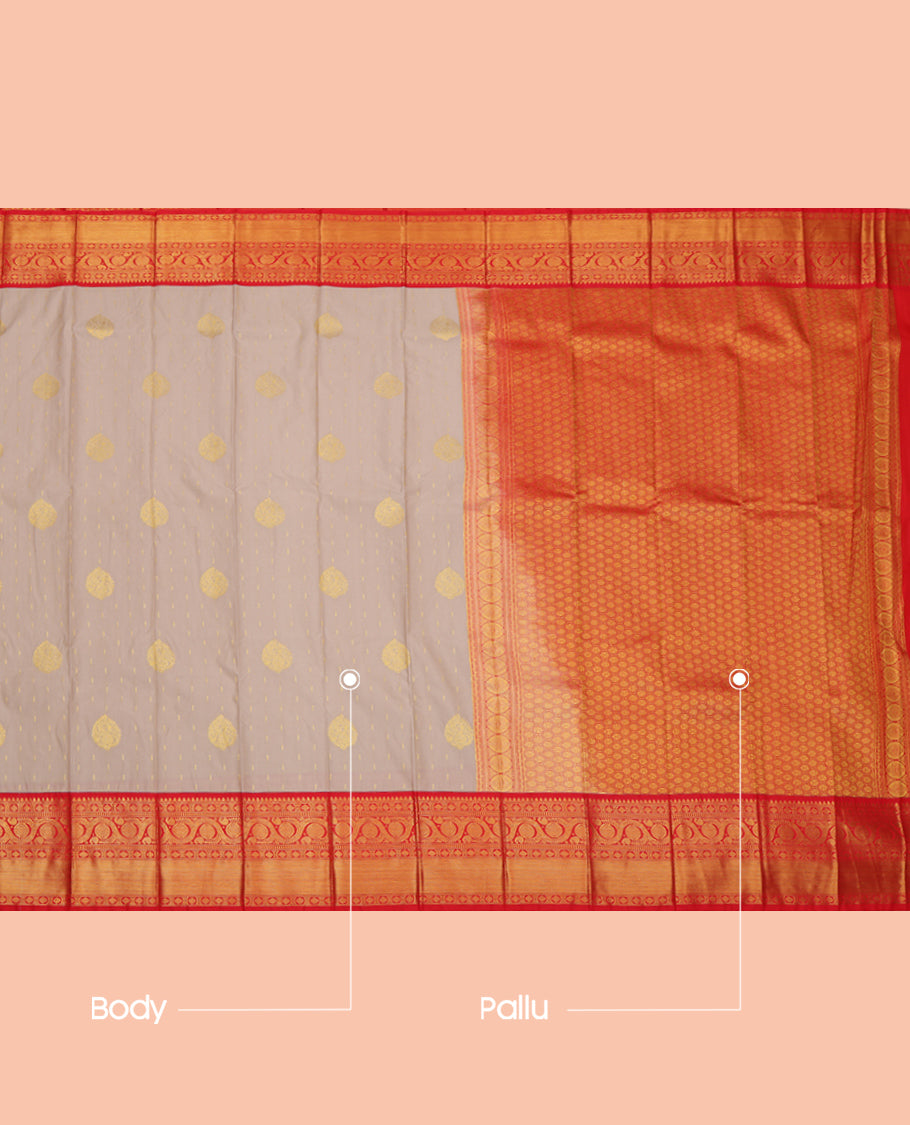 Grey Budget Silk Saree, Detailed with Zari Buttas, a Contrast Traditional Zari Border, Grand Pallu, and a Contrast Blouse