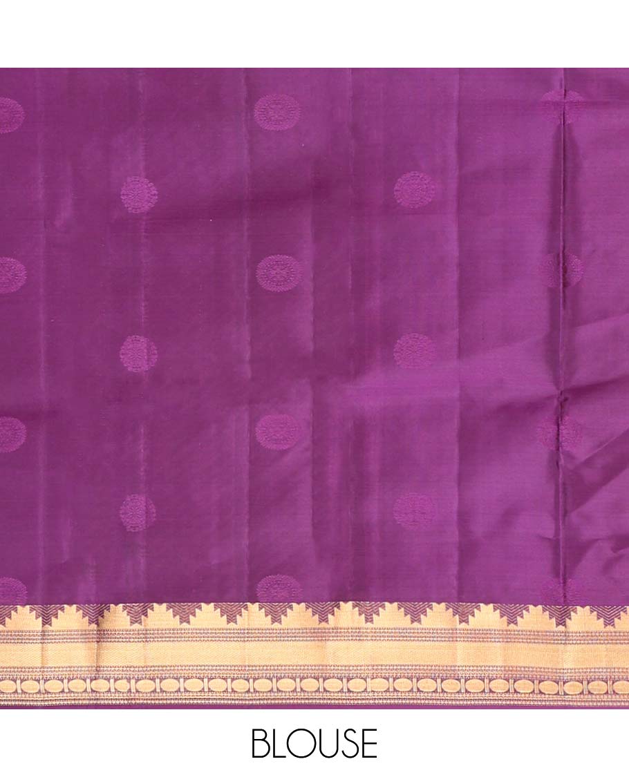 Red Vasundhara Lite Silk Mix Saree, Artfully Woven with Chakram Buttas All Over Its Body, Complemented by a Contrast Border of Thazampoo Rekku, Paisa, Neli, Mayil Kann, and Rudraksham Designs, Pallu of Geometric Patterns, and Paired with a Contrast Blouse