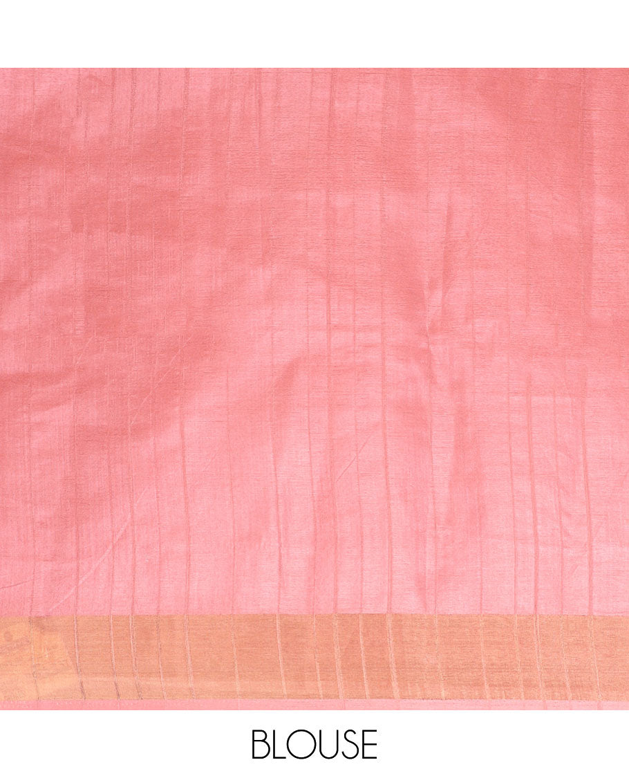 Chikku color with peach digital floral print, kadi print tussar silk saree with bhavanji border & floral print pallu along with plain blouse