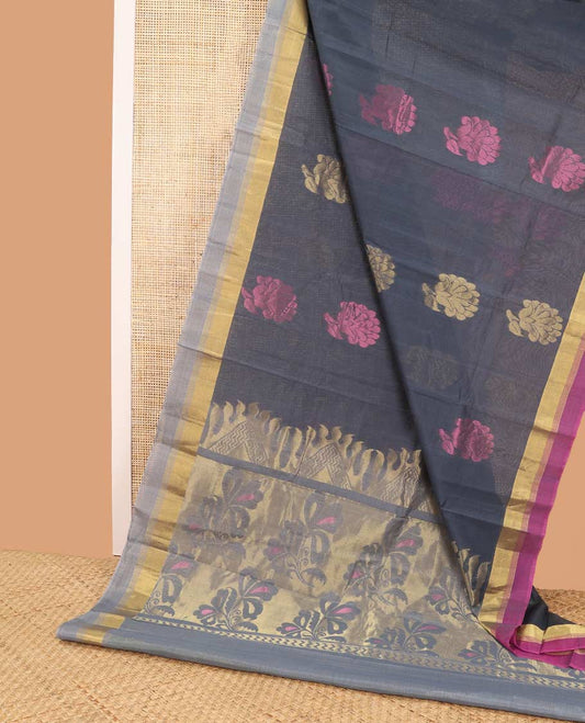 Grey flower design silk cotton saree with contradt zari border & floral design pallu