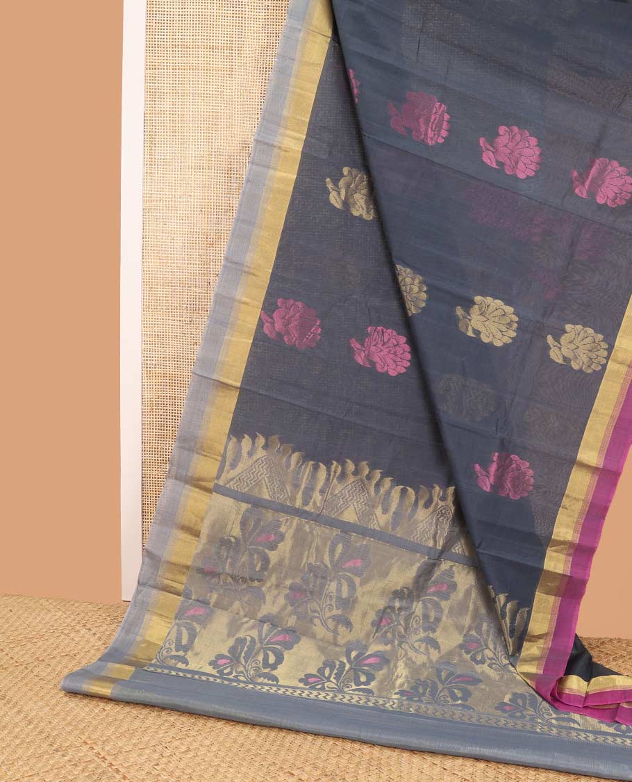 Grey flower design silk cotton saree with contradt zari border & floral design pallu