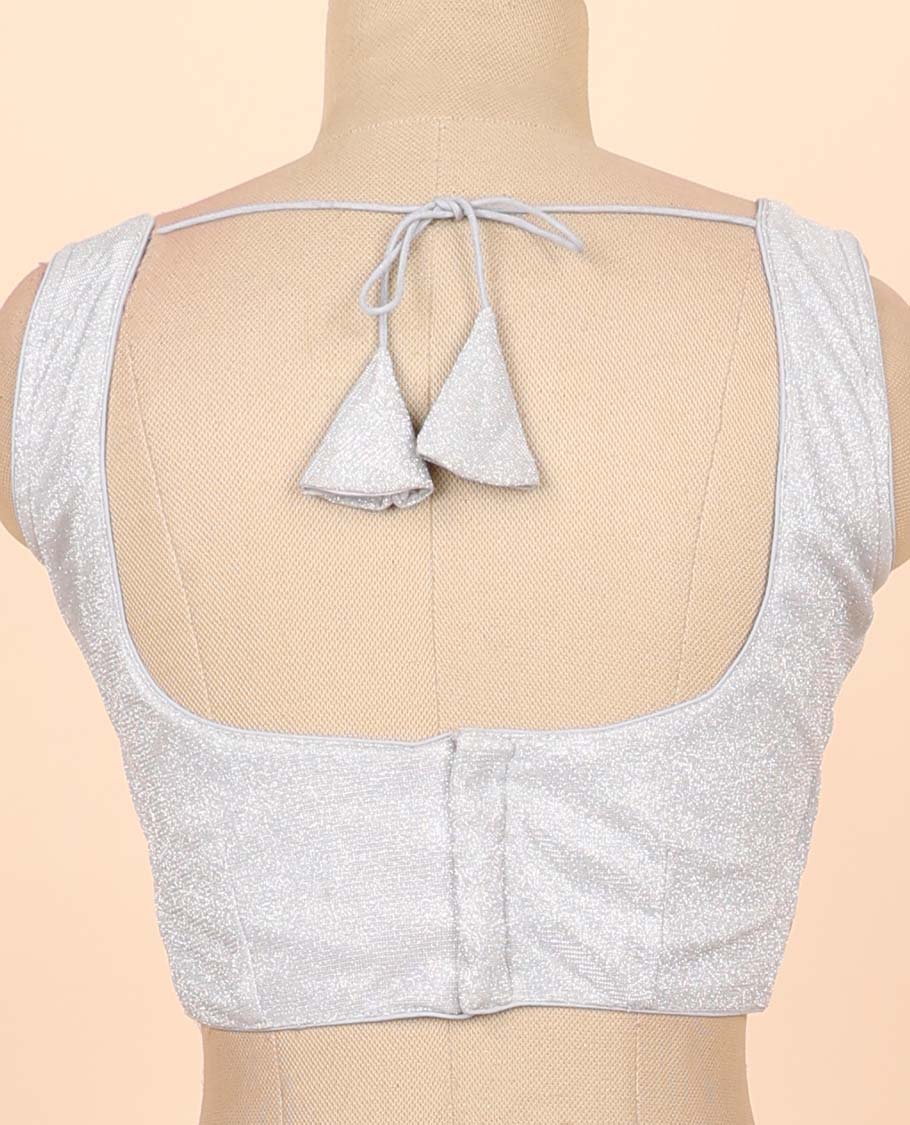 Grey striped zari design  front & back deep round-neck raw-silk readymade sleeveless blouse