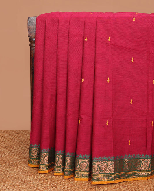 Crimson red buttas Chettinad cotton saree, contrast floral creeper zari design border & pallu of stripes