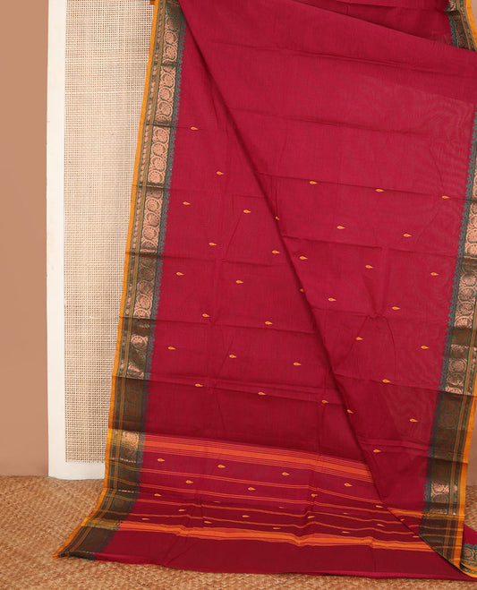 Crimson red buttas Chettinad cotton saree, contrast floral creeper zari design border & pallu of stripes