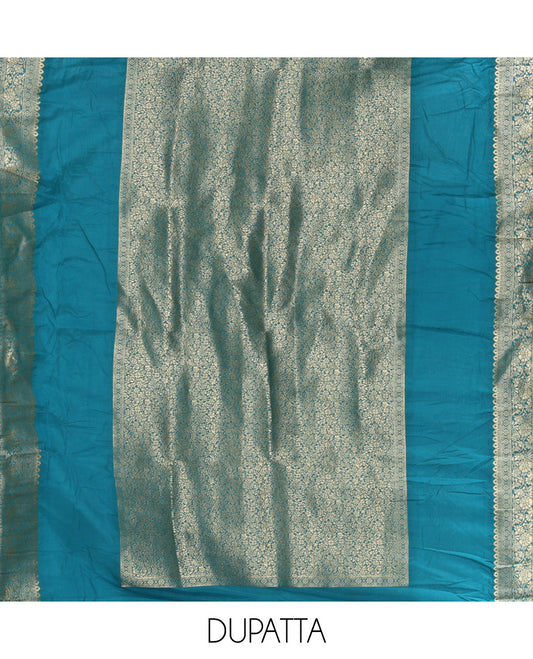 Blue banarasi chudidar material set, floral zari jacquard design with swarovski stone work top, floral jacquard & swarovski stone work banarasi dupatta & santoon plain bottom