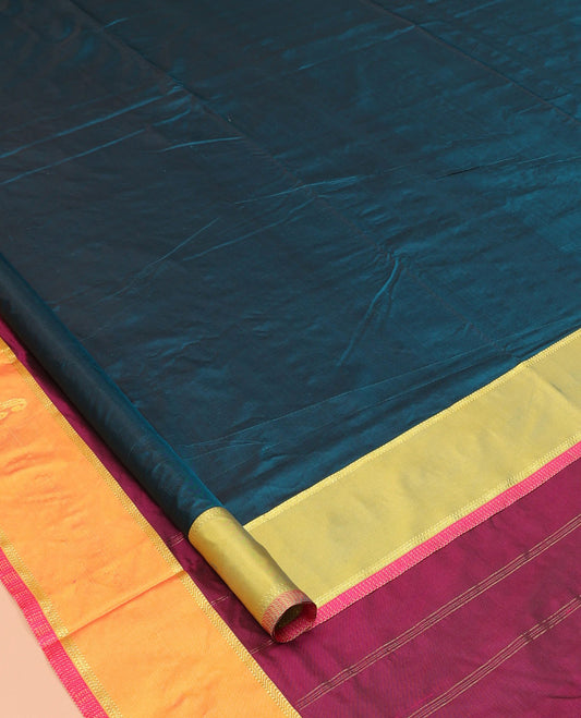 Blue Zari Buttas Nine-Yard Saree, Complemented by a Contrast Border, Self-Pallu of Buttas and Stripes, and No Blouse