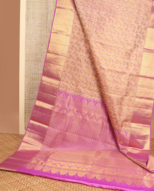 Sandal leaf design kancheepuram silk saree with contrast border of intricate zari design & floral design pallu
