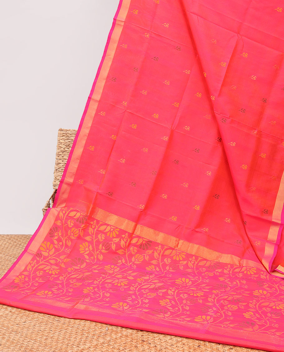 Red  floral buttas uppada silk saree with contrast zari border & floral design pallu