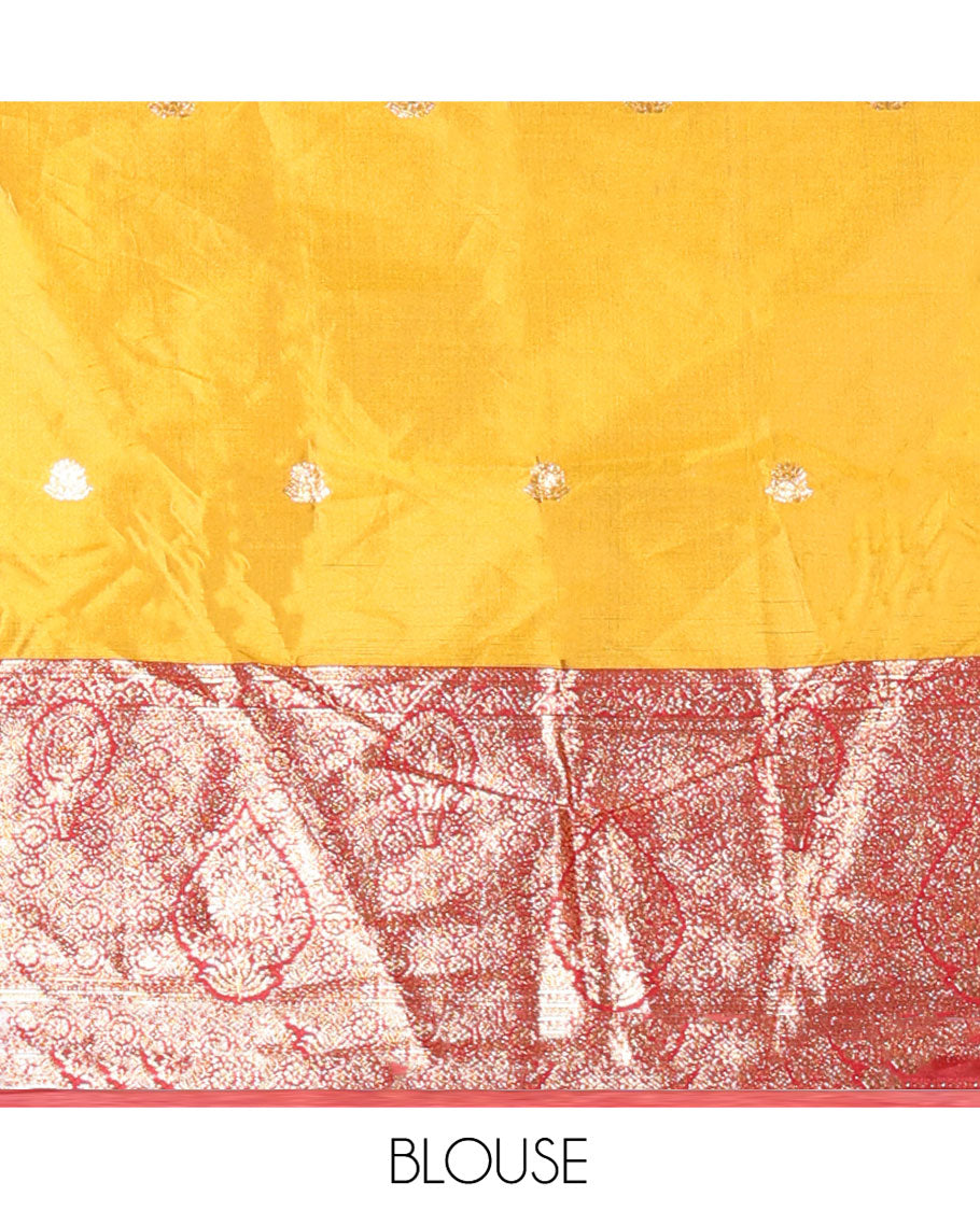 Yellow and Red Semi-Banarasi Half-Saree, Accentulated with Zari Buttas on Its Skirt, Complemented by a Contrast Intricately Zari-Designed Border, Paired with a Matching Blouse, and a Contrast Satin Georgette Embroidered Scallop Dhavani