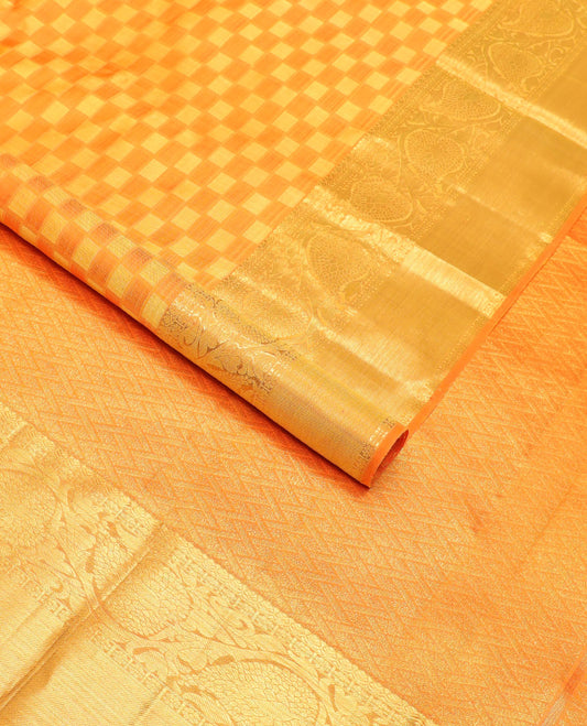Orange checkered silk saree with self zari  border of thilakam mokku, poo chakram, banaras design & zari design pallu