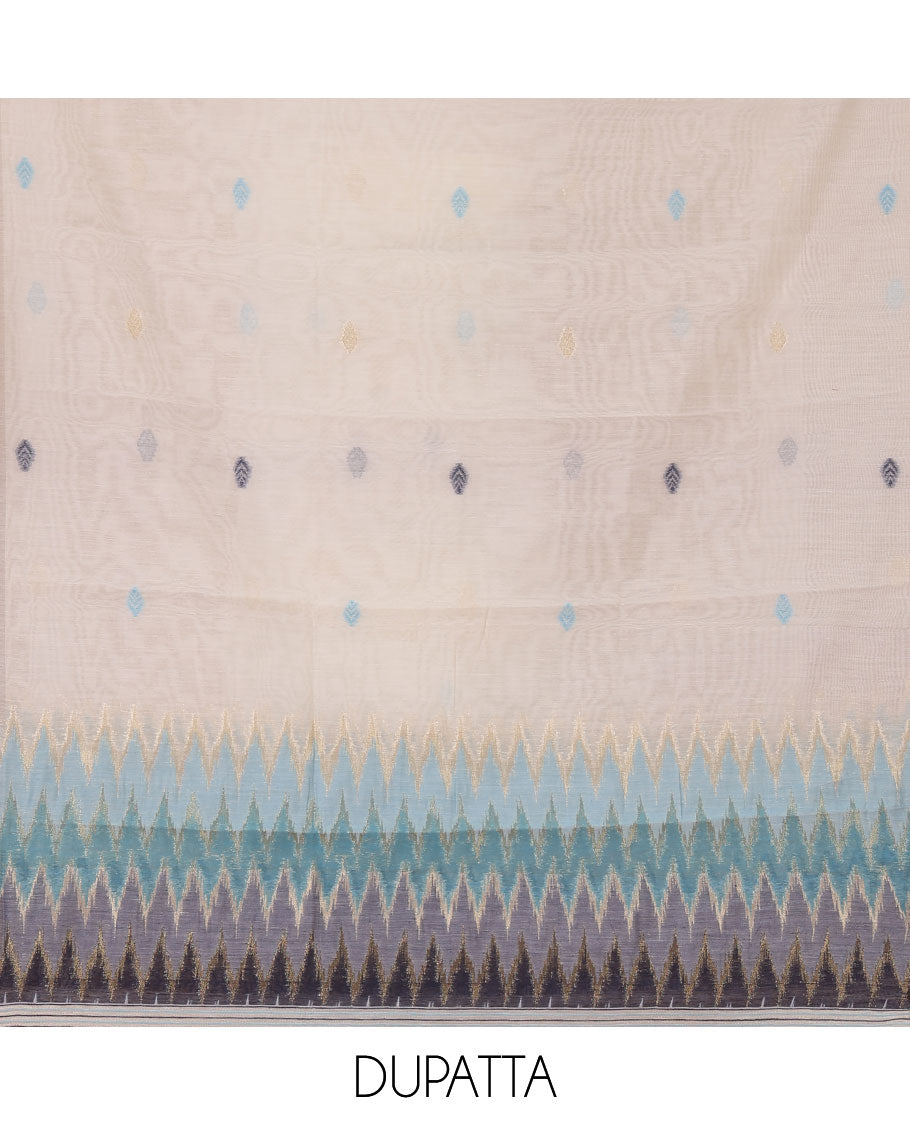 Blue material chudidar set,meena butta & ombre zig-zag print mul chanderi top,plain bottom & mul chanderi dupatta of meena butta & ombre zig-zag print