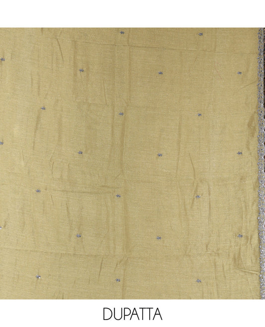 Olive Green Vichitra Silk Material Chudidar Set, Woven with Embroidered Top, a Plain Santoon Bottom, and Paired with a Matching Vichitra Silk Embroidered Scallop Dupatta