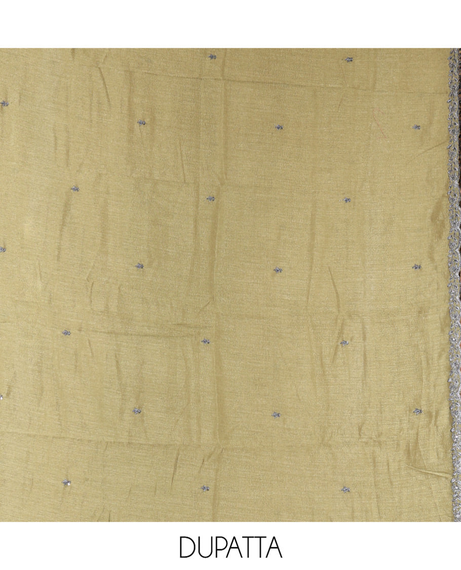 Olive Green Vichitra Silk Material Chudidar Set, Woven with Embroidered Top, a Plain Santoon Bottom, and Paired with a Matching Vichitra Silk Embroidered Scallop Dupatta
