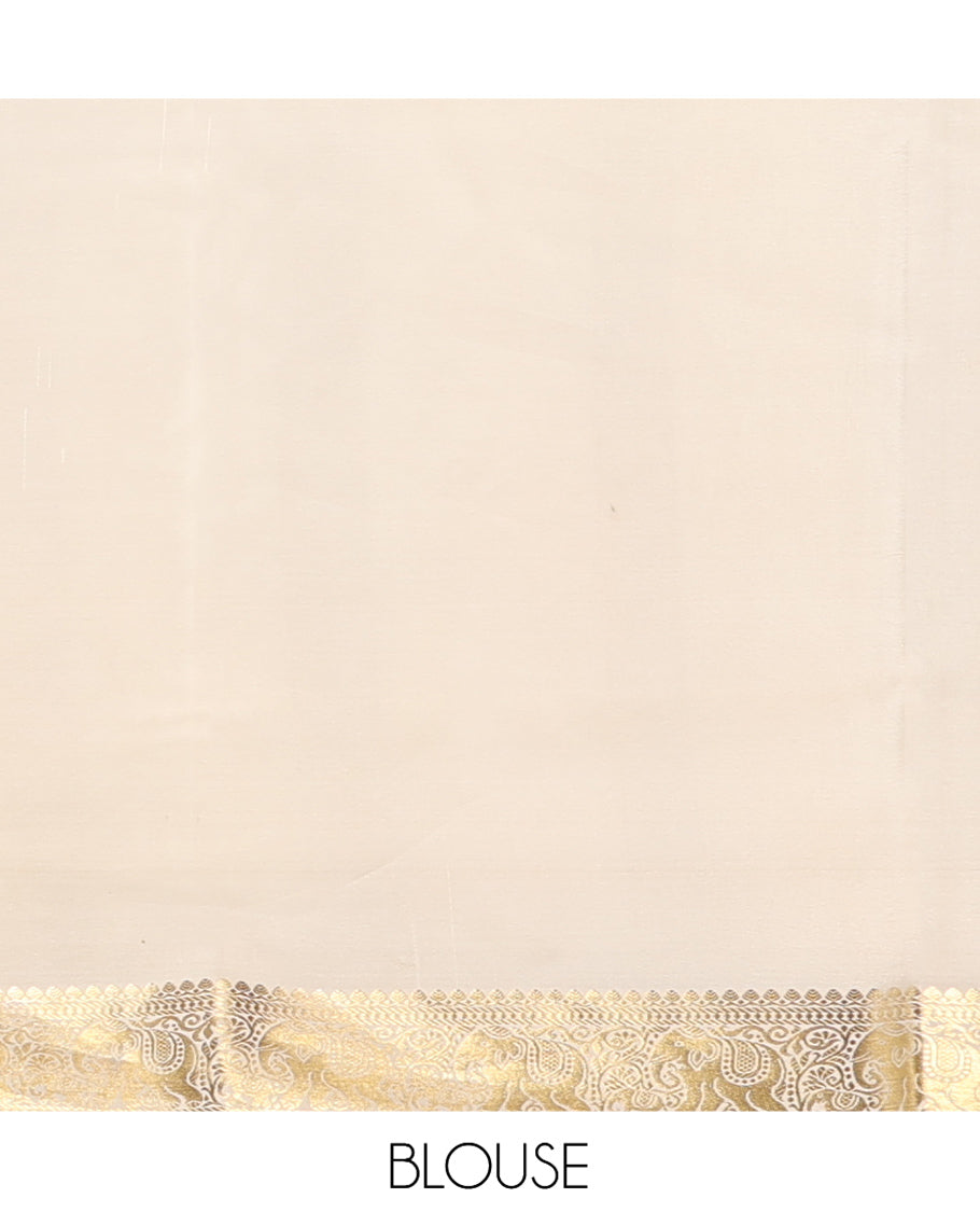 Orange Plain Mysore Silk Saree, Complemented by a Contrast Elephant Zari Border, Zari Design Pallu, and a Contrast Blouse