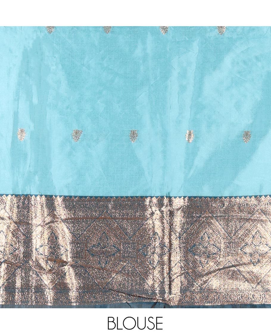 Sea Green and Blue Semi-Banarasi Half-Saree, Elevated with Zari Buttas on Its Skirt, Complemented by a Contrast Traditional Zari-Design Border, Paired with a Matching Blouse, and a Contrast Satin Georgette Zari-Bordered Dhavani